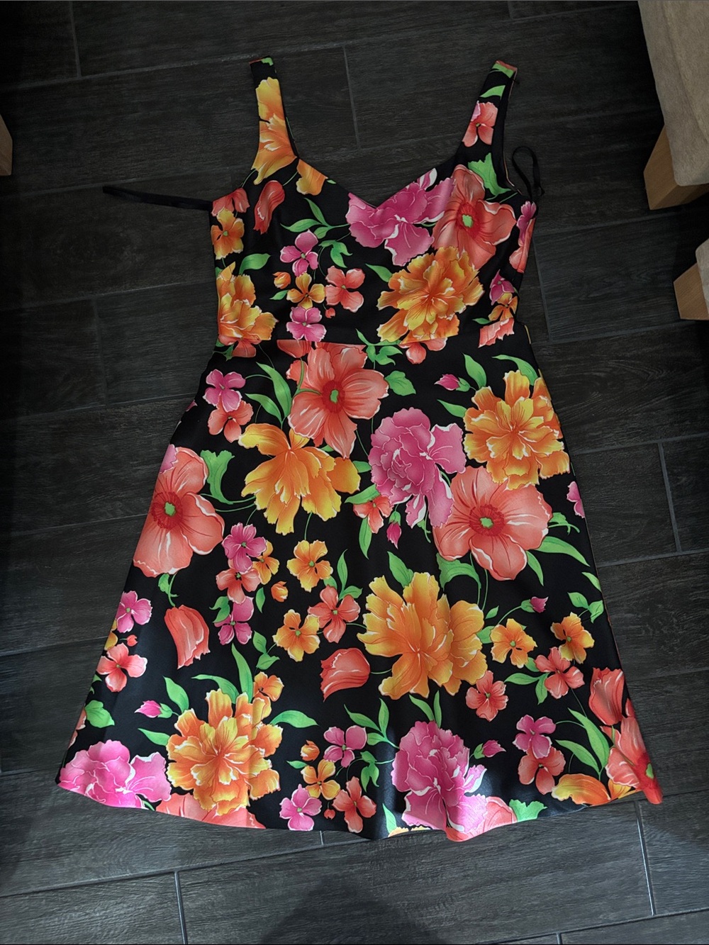 Evan Picone Black Mini Dress with Pink & Orange Floral Print